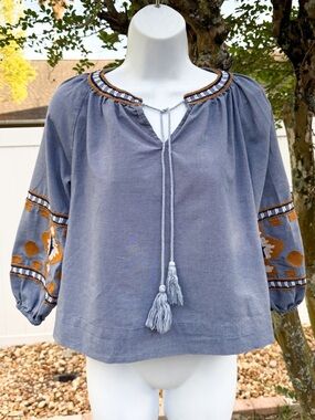 Rebellion Slate Blue Embroidered Tassel Peasant Top